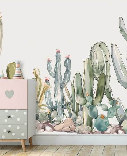 murale personalizzato con cactus verde e bianco chiamato Watercolour Prickle di Elena Pavlova