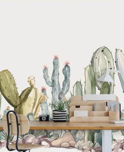 green and white custom cactus wall mural called Watercolor Prickle by Elena Pavlova