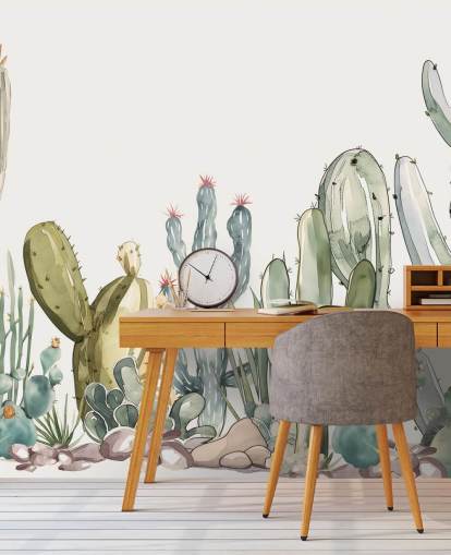 mural de parede de cacto personalizado em verde e branco chamado Watercolour Prickle de Elena Pavlova