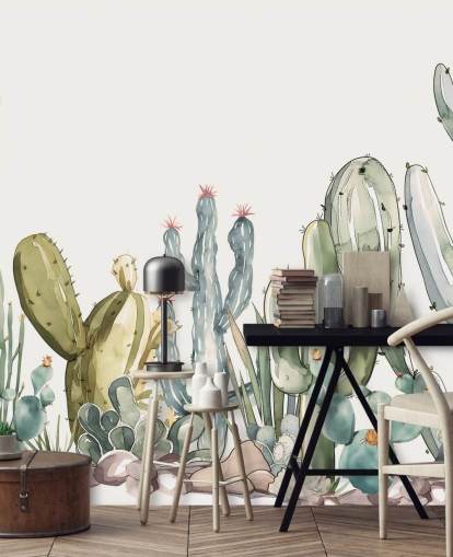 mural de pared de cactus personalizado verde y blanco llamado Watercolour Prickle de Elena Pavlova