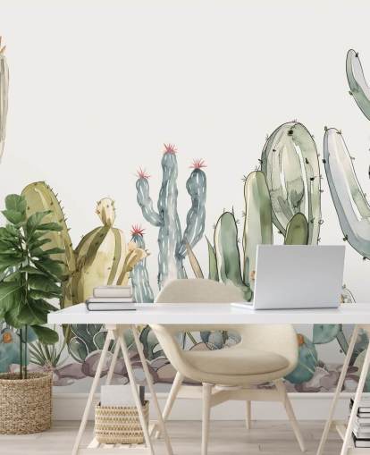 mural de pared de cactus personalizado verde y blanco llamado Watercolour Prickle de Elena Pavlova