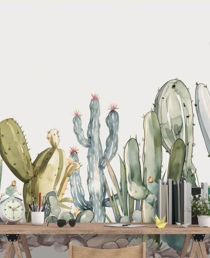 Elena Pavlovan vihreä ja valkoinen mukautettu kaktusseinämaalaus nimeltä Watercolor Prickle Elena Pavlovan vihreä ja valkoinen mukautettu kaktusseinämaalaus nimeltä Watercolor Prickle