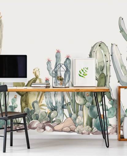 fresque murale personnalisée en forme de cactus vert et blanc appelée Watercolour Prickle par Elena Pavlova