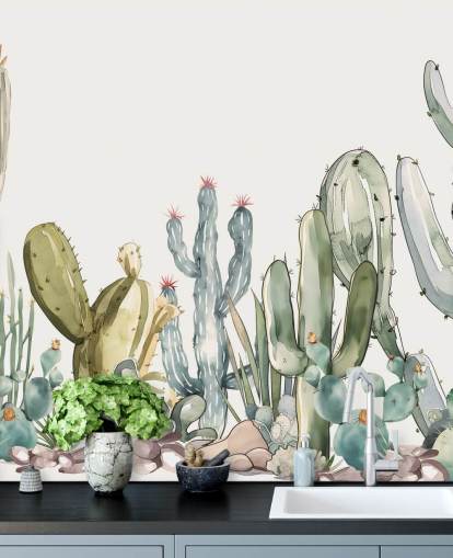 green and white custom cactus wall mural called Watercolor Prickle by Elena Pavlova