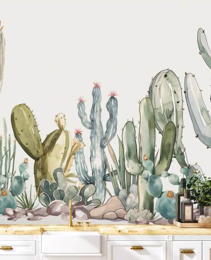 mural de pared de cactus personalizado verde y blanco llamado Watercolour Prickle de Elena Pavlova