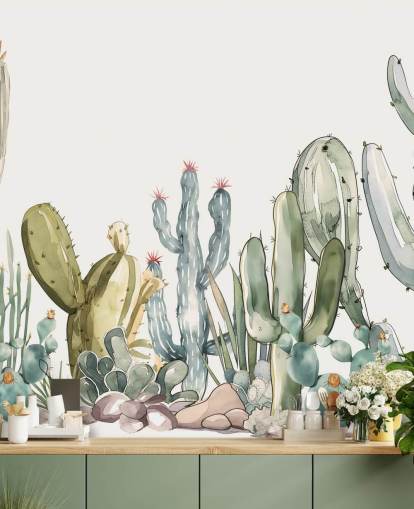fresque murale personnalisée en forme de cactus vert et blanc appelée Watercolour Prickle par Elena Pavlova fresque murale personnalisée en forme de cactus vert et blanc appelée Watercolour Prickle par Elena Pavlova