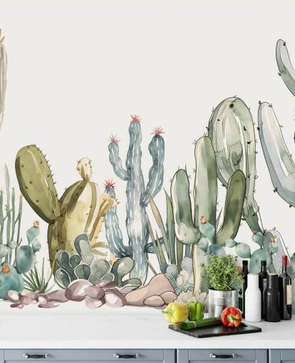 groene en witte op maat gemaakte cactus muurschildering genaamd Watercolour Prickle van Elena Pavlova groene en witte op maat gemaakte cactus muurschildering genaamd Watercolour Prickle van Elena Pavlova