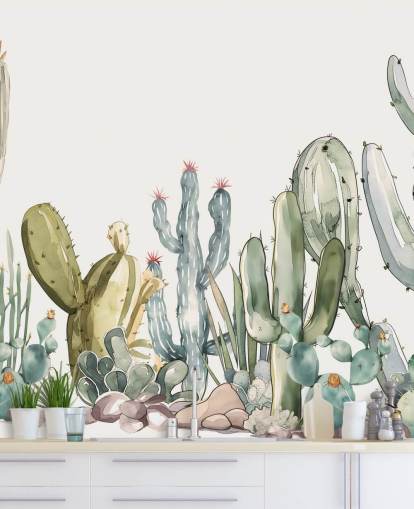fresque murale personnalisée en forme de cactus vert et blanc appelée Watercolour Prickle par Elena Pavlova