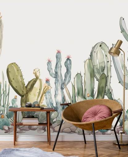 green and white custom cactus wall mural called Watercolour Prickle by Elena Pavlova