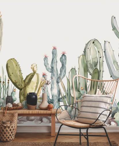 fresque murale personnalisée en forme de cactus vert et blanc appelée Watercolour Prickle par Elena Pavlova