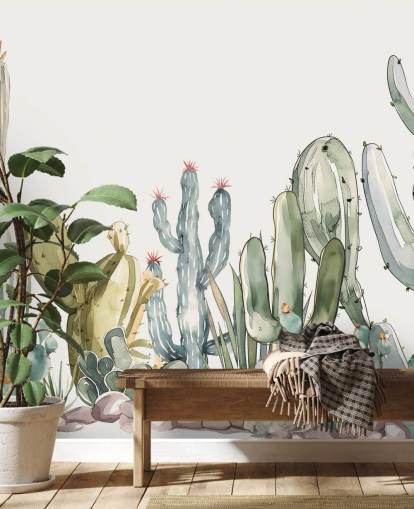 Grün-weißes kundenspezifisches Kaktus-Wandbild namens Watercolour Prickle von Elena Pavlova