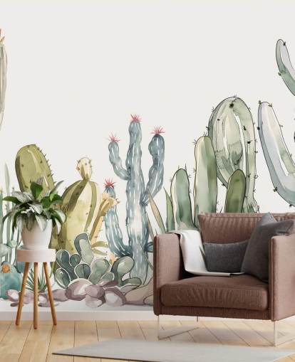 green and white custom cactus wall mural called Watercolour Prickle by Elena Pavlova
