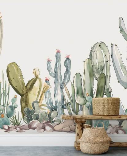mural de pared de cactus personalizado verde y blanco llamado Watercolour Prickle de Elena Pavlova