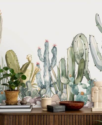 murale personalizzato con cactus verde e bianco chiamato Watercolour Prickle di Elena Pavlova