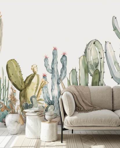 green and white custom cactus wall mural called Watercolor Prickle by Elena Pavlova