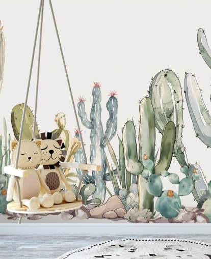 murale personalizzato con cactus verde e bianco chiamato Watercolour Prickle di Elena Pavlova