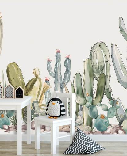 fresque murale personnalisée en forme de cactus vert et blanc appelée Watercolour Prickle par Elena Pavlova