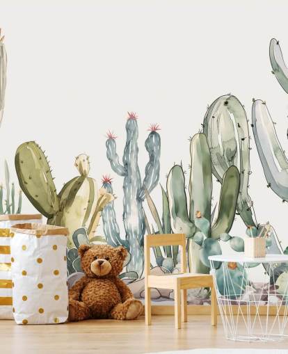 Elena Pavlovan vihreä ja valkoinen mukautettu kaktusseinämaalaus nimeltä Watercolor Prickle