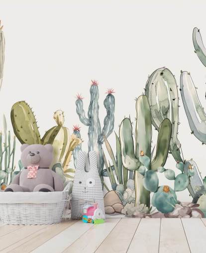 groene en witte op maat gemaakte cactus muurschildering genaamd Watercolour Prickle van Elena Pavlova