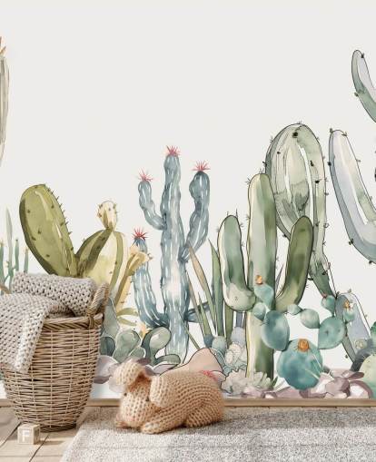 fresque murale personnalisée en forme de cactus vert et blanc appelée Watercolour Prickle par Elena Pavlova