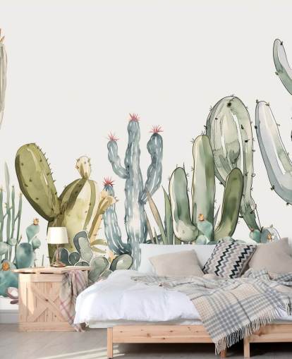 mural de parede de cacto personalizado em verde e branco chamado Watercolour Prickle de Elena Pavlova mural de parede de cacto personalizado em verde e branco chamado Watercolour Prickle de Elena Pavlova