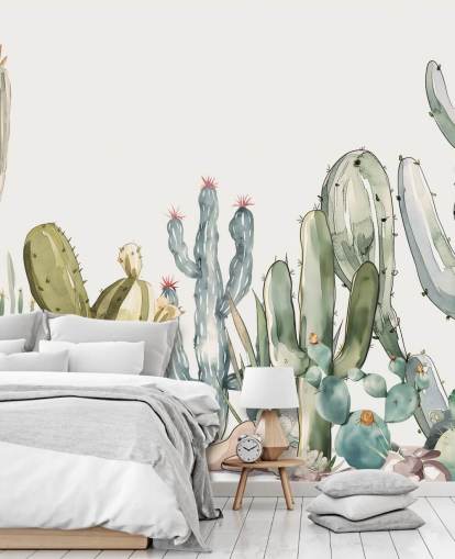 Grün-weißes kundenspezifisches Kaktus-Wandbild namens Watercolour Prickle von Elena Pavlova