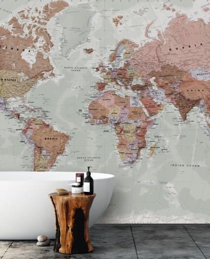 Graue, anpassbare Weltkarten-Tapete namens Executive Political World Map von Lovell Johns für Schlafzimmer und Büros