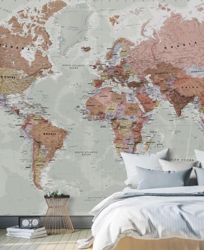grå anpassningsbar världskarta tapetväggmålning kallad Executive Political World Map av Lovell Johns för sovrum och kontor