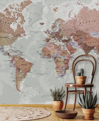 papier peint mural de carte du monde personnalisable gris appelé Executive Political World Map par Lovell Johns pour les chambres et les bureaux