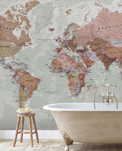 Graue, anpassbare Weltkarten-Tapete namens Executive Political World Map von Lovell Johns für Schlafzimmer und Büros