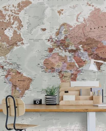 mural gris personalizable de papel pintado con un mapa del mundo llamado Executive Political World Map de Lovell Johns para dormitorios y oficinas