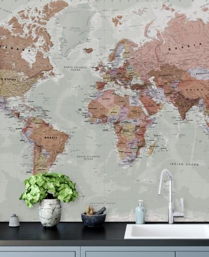 Graue, anpassbare Weltkarten-Tapete namens Executive Political World Map von Lovell Johns für Schlafzimmer und Büros