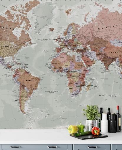 grijze aanpasbare wereldkaart behangmuurschildering genaamd Executive Political World Map van Lovell Johns voor slaapkamers en kantoren