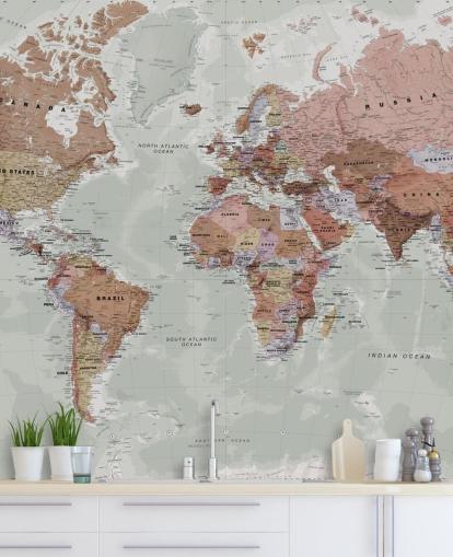 Graue, anpassbare Weltkarten-Tapete namens Executive Political World Map von Lovell Johns für Schlafzimmer und Büros