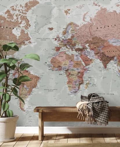 grijze aanpasbare wereldkaart behangmuurschildering genaamd Executive Political World Map van Lovell Johns voor slaapkamers en kantoren