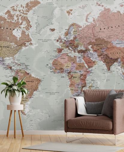 Graue, anpassbare Weltkarten-Tapete namens Executive Political World Map von Lovell Johns für Schlafzimmer und Büros