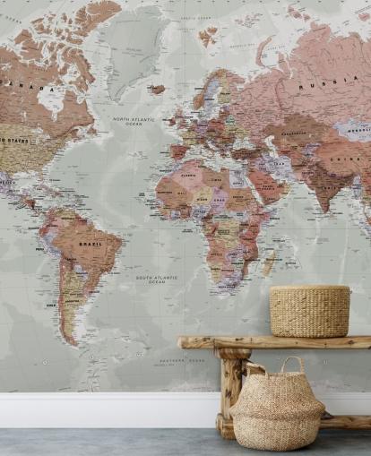 grå tilpasselig verdenskort tapetmaleri kaldet Executive Political World Map af Lovell Johns til soveværelser og kontorer