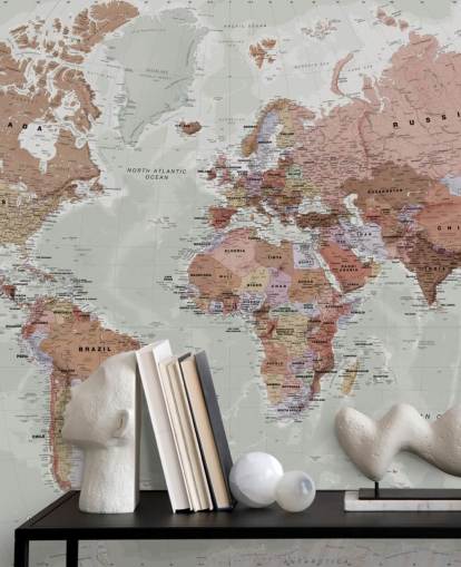 mural gris personalizable de papel pintado con un mapa del mundo llamado Executive Political World Map de Lovell Johns para dormitorios y oficinas