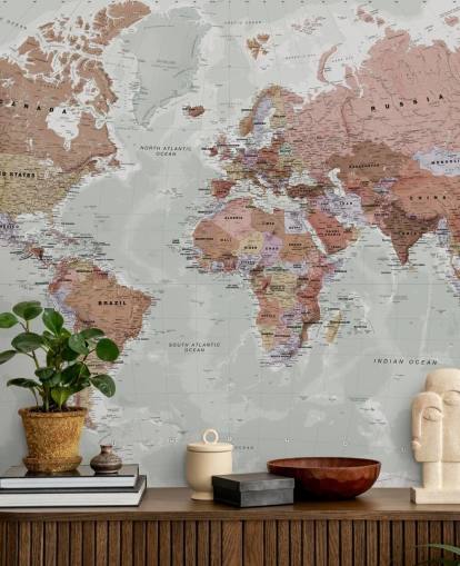 carta da parati murale grigia personalizzabile con mappa del mondo chiamata Executive Political World Map di Lovell Johns per camere da letto e uffici