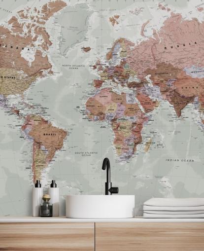 grey customisable world map wallpaper mural called Executive Political World Map by Lovell Johns for bedrooms and offices
