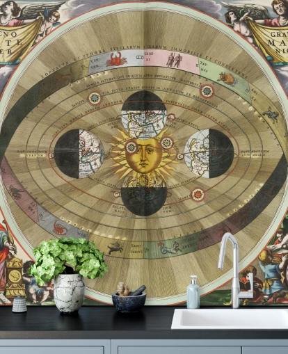 mural astronómico personalizable llamado Escenografía del sistema mundial copernicano de ArtiStory para oficinas domésticas