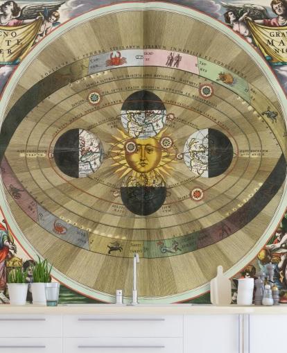 aanpasbare astronomische muurschildering genaamd Scenography of the Copernican World System van ArtiStory voor thuiskantoren