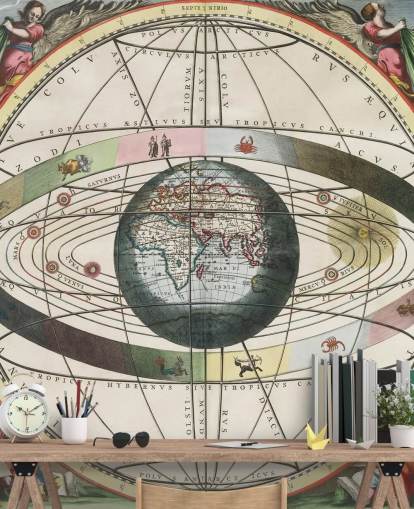 aangepaste steratlasmuurschildering genaamd Scenography of the Ptolemaic World System aangepaste steratlasmuurschildering genaamd Scenography of the Ptolemaic World System