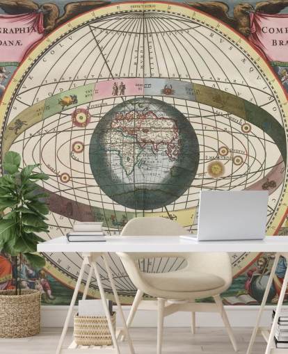 peinture murale d'astronomie personnalisée intitulée Scénographie de la construction mondiale pour les bureaux à domicile