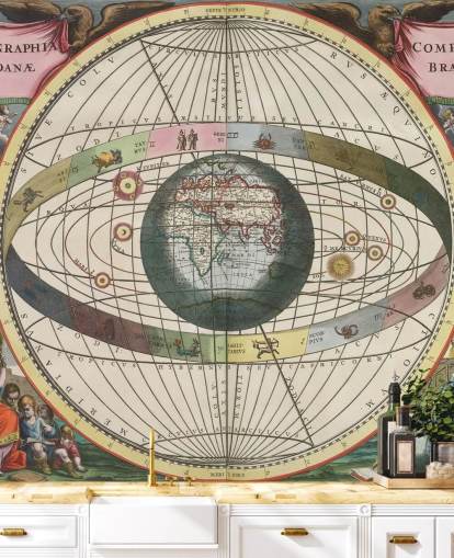 custom astronomy mural called Scenography of the World's Construction for home offices