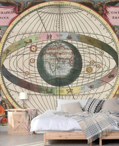 peinture murale d'astronomie personnalisée intitulée Scénographie de la construction mondiale pour les bureaux à domicile