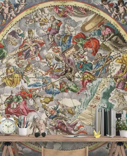 peinture murale personnalisable de l'atlas des étoiles intitulée Deuxième hémisphère du firmament étoilé christianisé