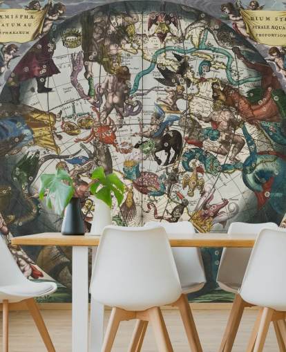 mural de astronomia personalizado chamado Hemisfério Estelar do Sul com esferas celestes e terrestres