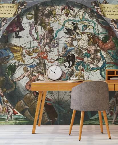 mural de astronomia personalizado chamado Hemisfério Estelar do Sul com esferas celestes e terrestres