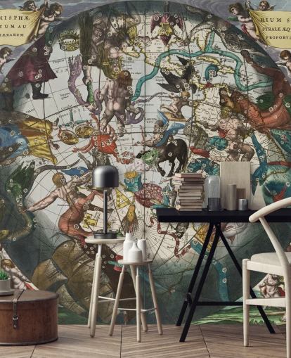 mural de astronomia personalizado chamado Hemisfério Estelar do Sul com esferas celestes e terrestres